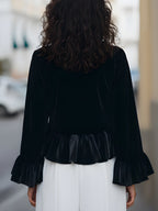 Black Velvet Blouse | Ruffle Trim | Round Neck | Elegant Statement Sleeves