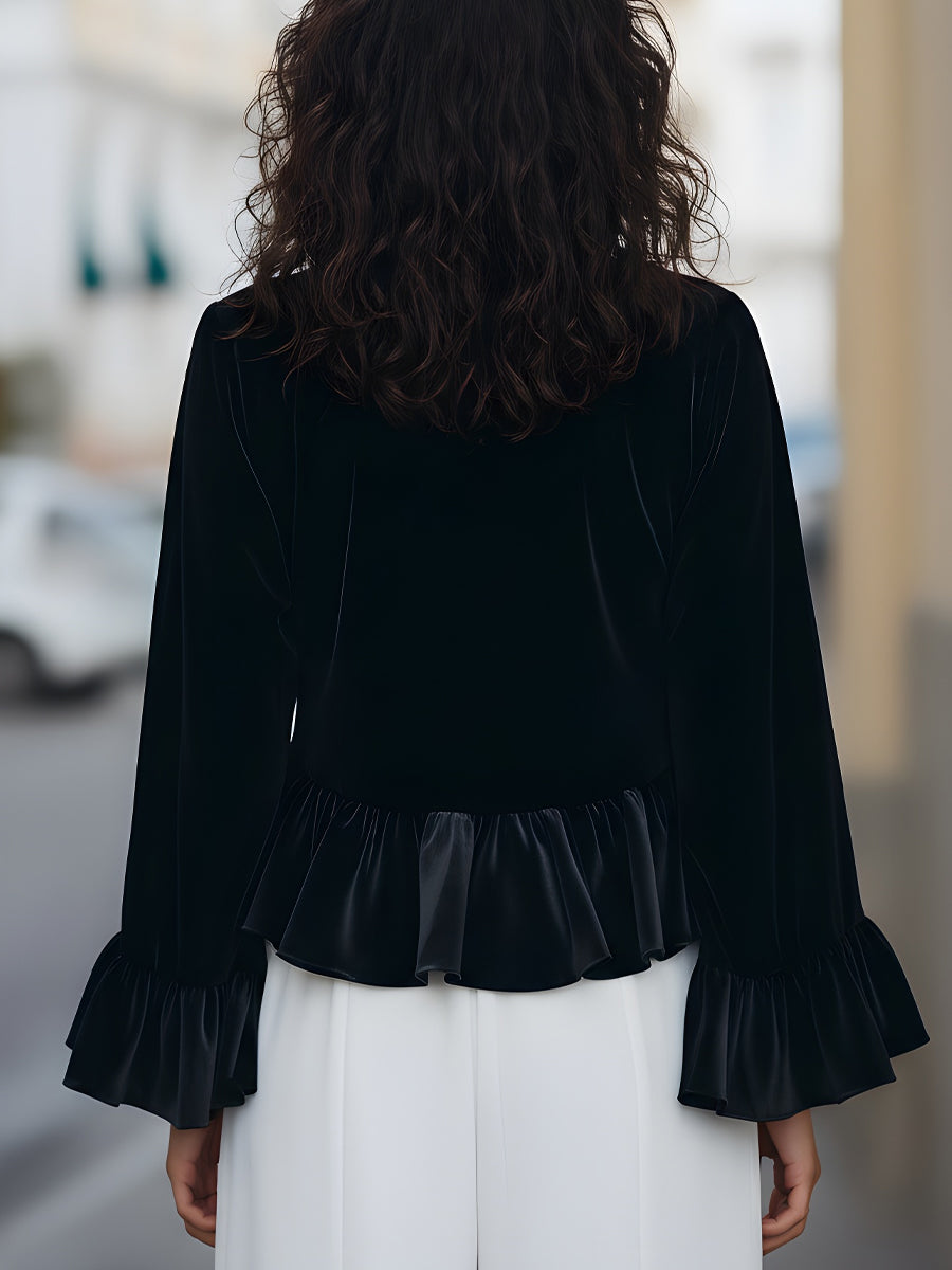 Black Velvet Blouse | Ruffle Trim | Round Neck | Elegant Statement Sleeves