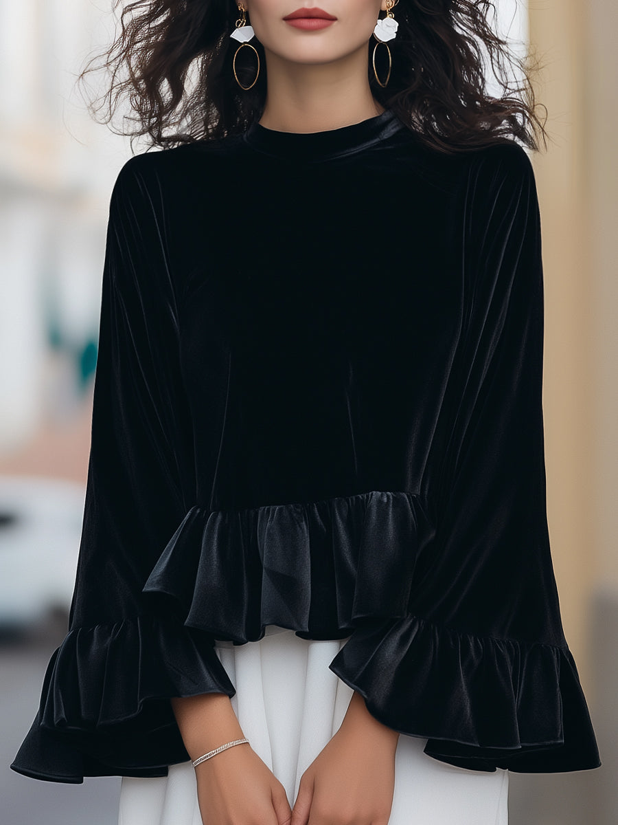 Black Velvet Blouse | Ruffle Trim | Round Neck | Elegant Statement Sleeves