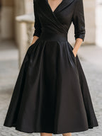 Black Satin Midi Dress | Draped Shawl Collar | Vintage-Inspired Elegance | Soft Luster Finish