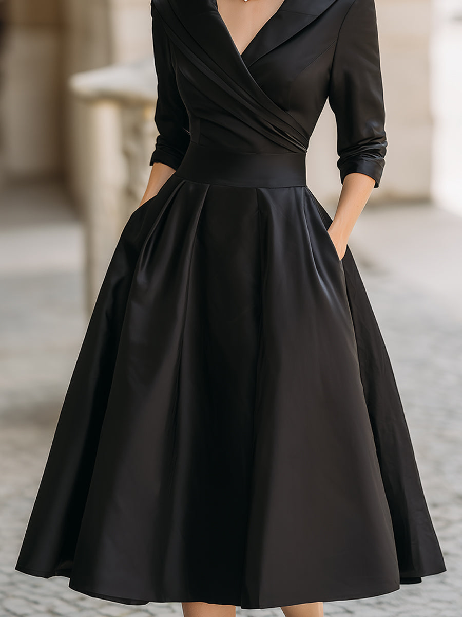 Black Satin Midi Dress | Draped Shawl Collar | Vintage-Inspired Elegance | Soft Luster Finish