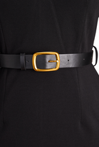 Black Sheath Dress | Belted Waist | Mandarin Collar | Refined Modern Elegance