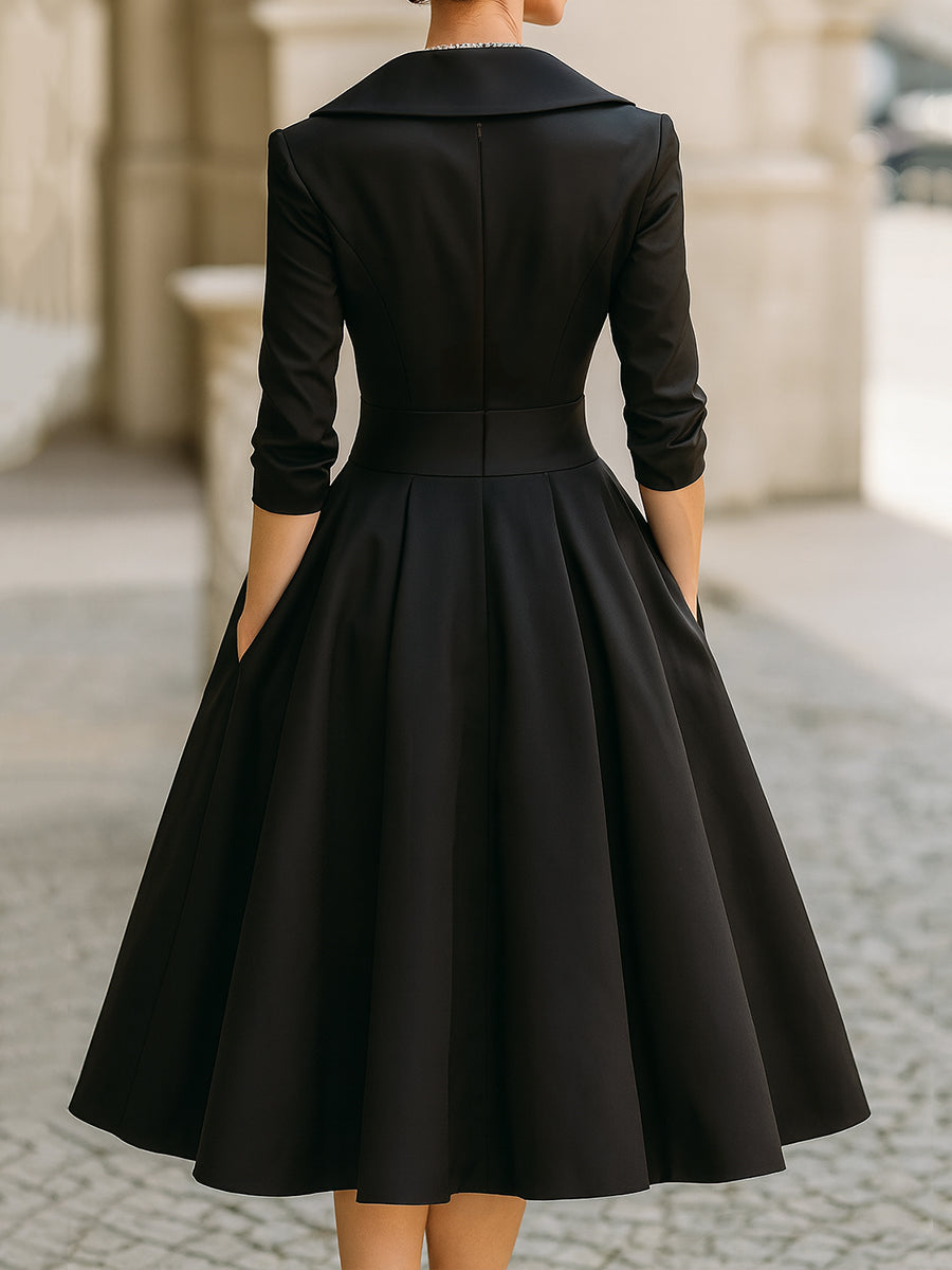 Black Satin Midi Dress | Draped Shawl Collar | Vintage-Inspired Elegance | Soft Luster Finish