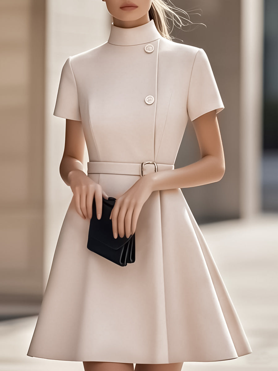 Black High-Neck Dress | Belted Waist | Elegant Midi Fit