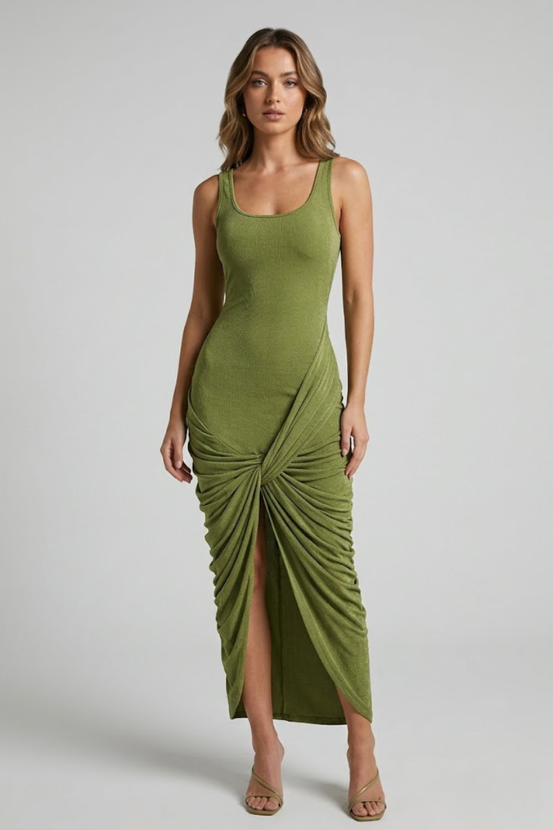 Amara Ruched Twist Midi Dress