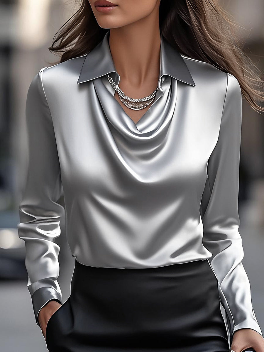 White Satin Blouse | Draped Neckline | Elegant & Versatile Style | Smooth Gloss Finish