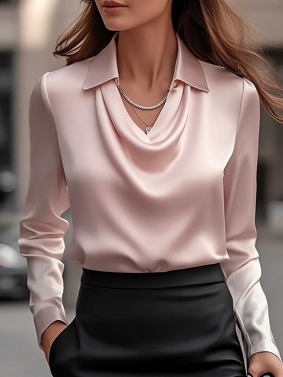 White Satin Blouse | Draped Neckline | Elegant & Versatile Style | Smooth Gloss Finish
