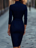 Black Sheath Dress | Belted Waist | Mandarin Collar | Refined Modern Elegance