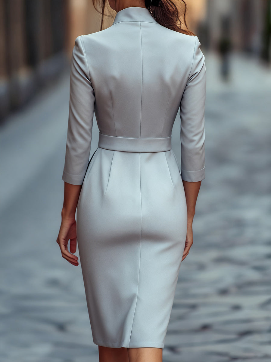 Black Sheath Dress | Belted Waist | Mandarin Collar | Refined Modern Elegance