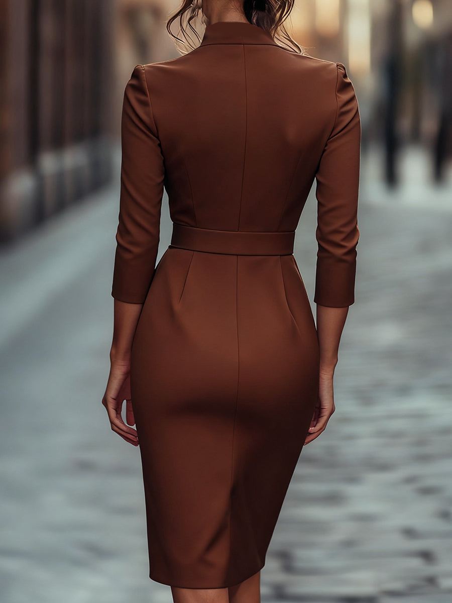 Black Sheath Dress | Belted Waist | Mandarin Collar | Refined Modern Elegance