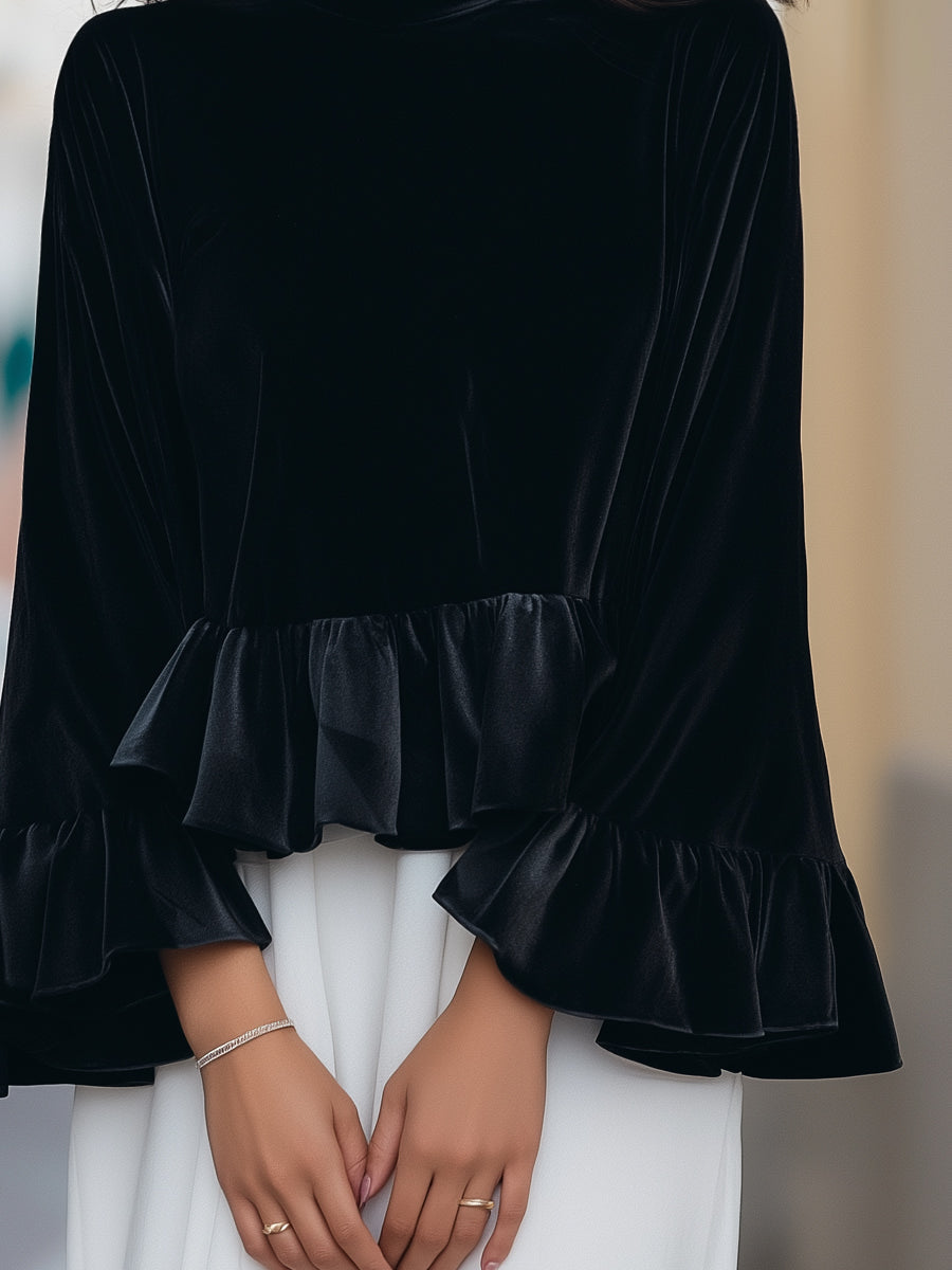 Black Velvet Blouse | Ruffle Trim | Round Neck | Elegant Statement Sleeves