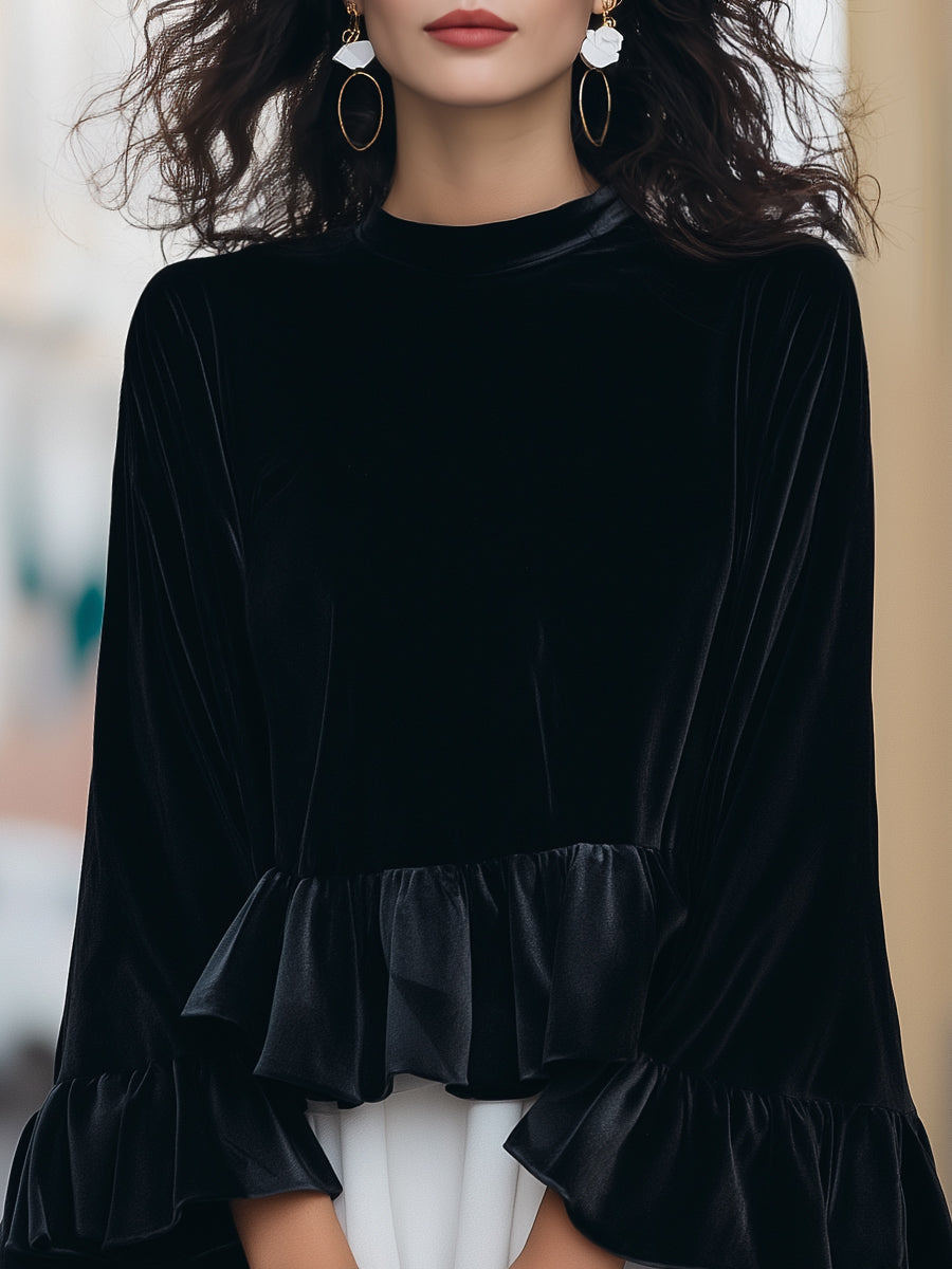 Black Velvet Blouse | Ruffle Trim | Round Neck | Elegant Statement Sleeves