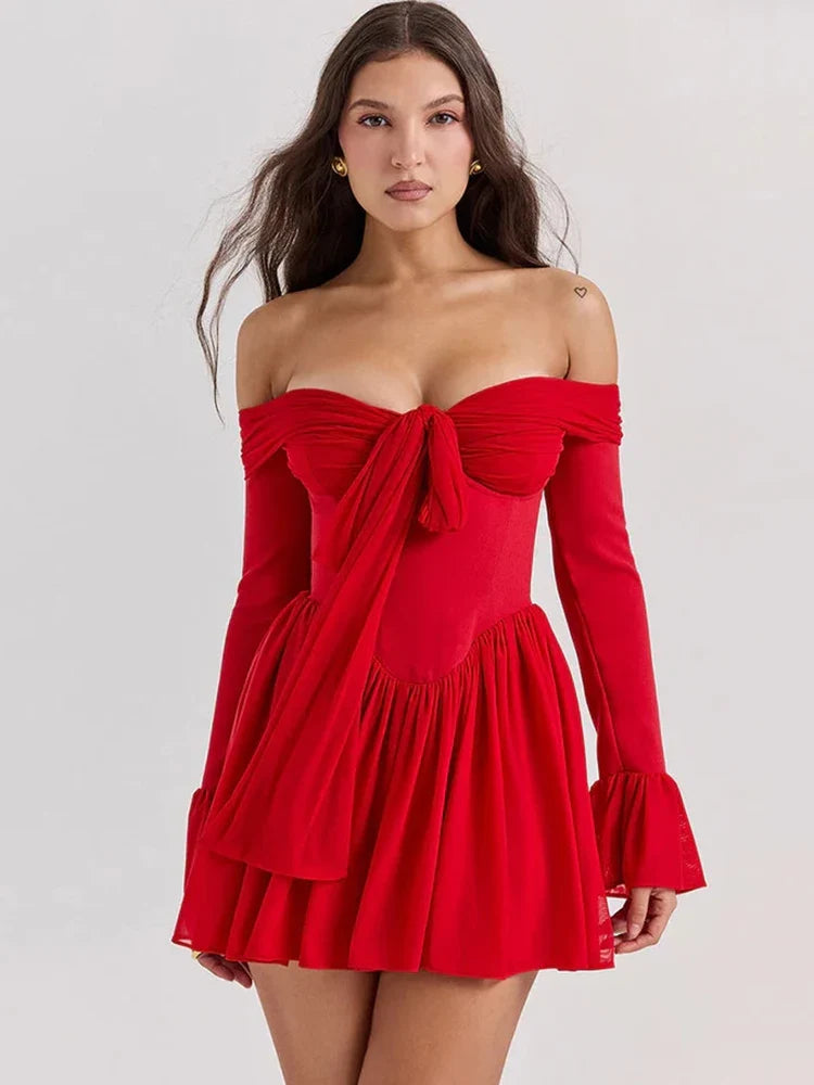 Scarlet Muse Off-Shoulder Pleated Mini Dress