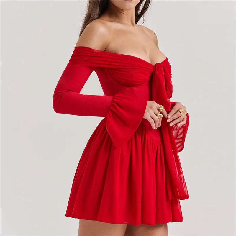 Scarlet Muse Off-Shoulder Pleated Mini Dress