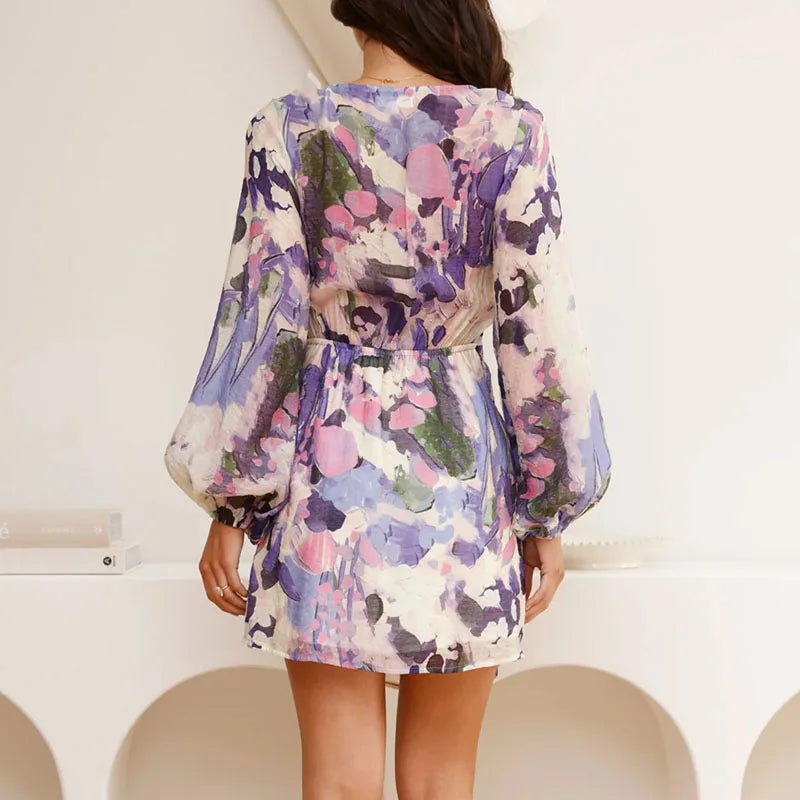 Elara Floral Wrap Long Sleeve Mini Dress