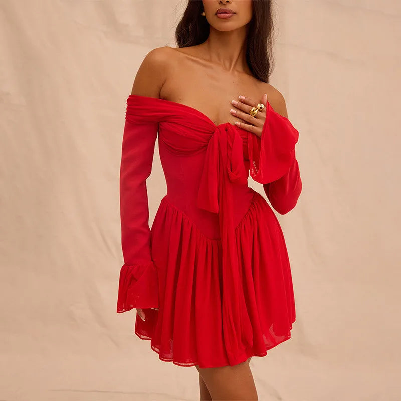 Scarlet Muse Off-Shoulder Pleated Mini Dress