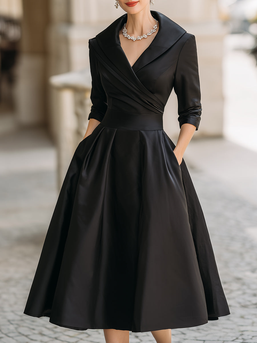 Black Satin Midi Dress | Draped Shawl Collar | Vintage-Inspired Elegance | Soft Luster Finish