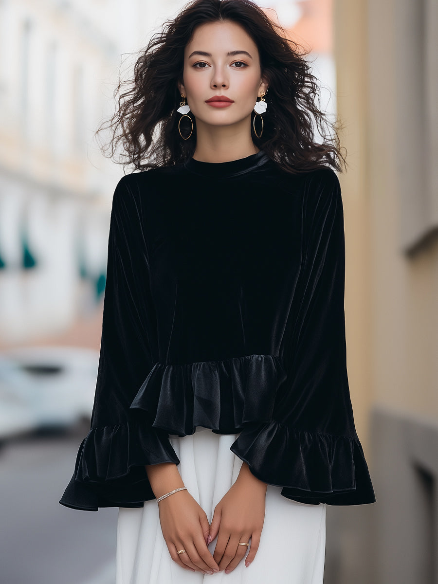 Black Velvet Blouse | Ruffle Trim | Round Neck | Elegant Statement Sleeves