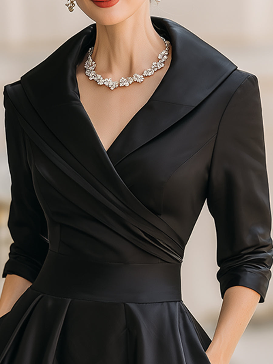 Black Satin Midi Dress | Draped Shawl Collar | Vintage-Inspired Elegance | Soft Luster Finish