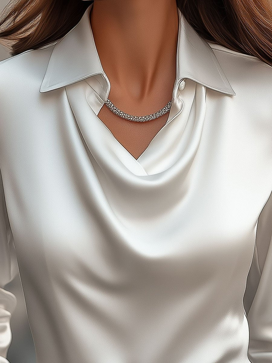 White Satin Blouse | Draped Neckline | Elegant & Versatile Style | Smooth Gloss Finish