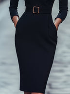 Black Sheath Dress | Belted Waist | Mandarin Collar | Refined Modern Elegance