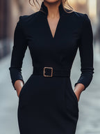 Black Sheath Dress | Belted Waist | Mandarin Collar | Refined Modern Elegance