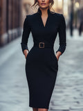 Black Sheath Dress | Belted Waist | Mandarin Collar | Refined Modern Elegance
