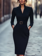 Black Sheath Dress | Belted Waist | Mandarin Collar | Refined Modern Elegance